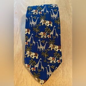 Salvatore Ferragamo 100% Silk Blue Tropical Elephant  Giraffe Animal Tie ITALY